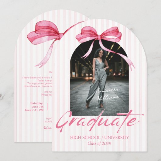 Coquette Roze Lint Boog Foto Afstuderen Kaart (Voorkant / Achterkant)