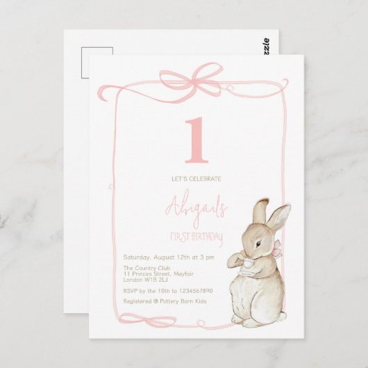 Coquette Roze Peter het Konijn Meisje 1e Verjaarda Briefkaart (Voorkant / Achterkant)