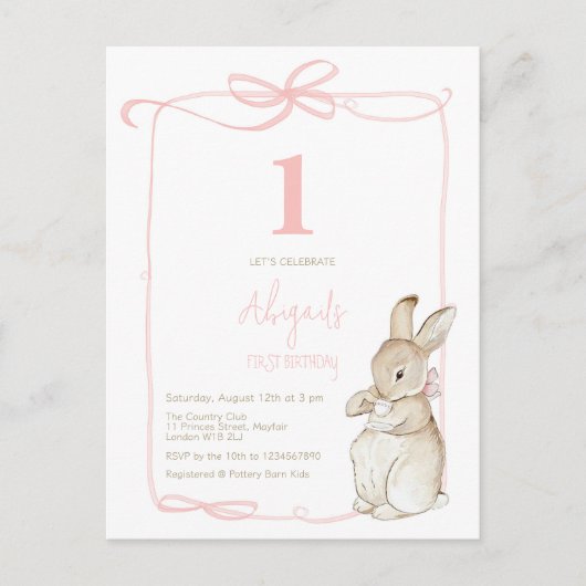 Coquette Roze Peter het Konijn Meisje 1e Verjaarda Briefkaart (Voorkant)