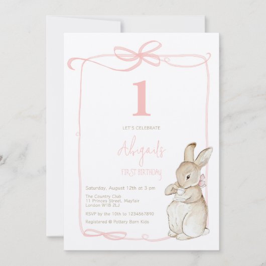 Coquette Roze Peter het Konijn Meisje 1e Verjaarda Kaart (Voorkant)