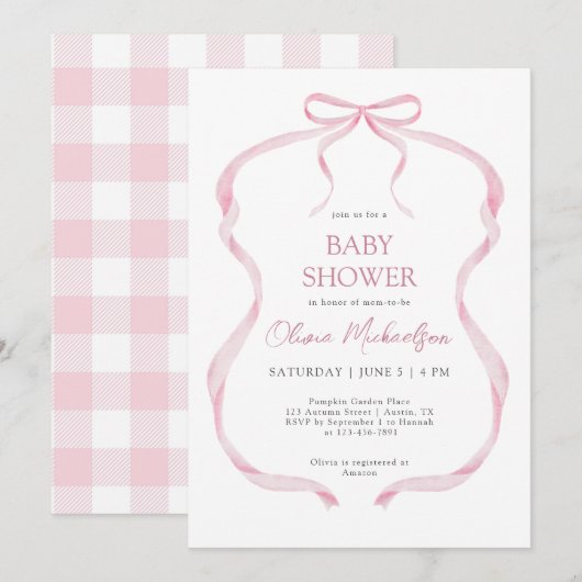 Coquette Roze Plaid Ribbon Bow Girl Baby shower Kaart (Voorkant / Achterkant)