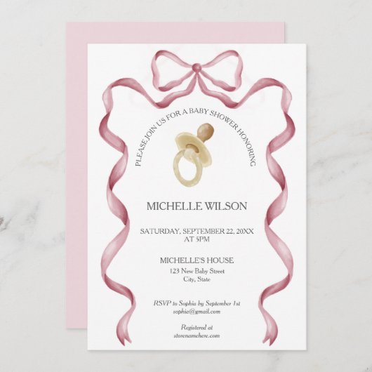 Coquette Roze Ribbon Bow Baby Meisje Kaart (Voorkant / Achterkant)