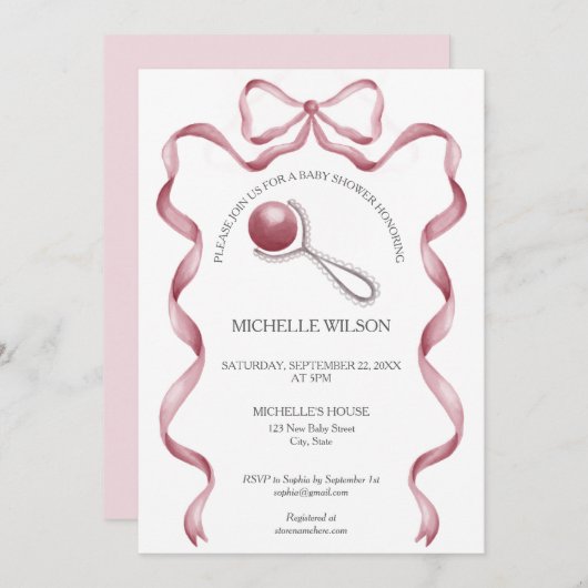  Coquette Roze Ribbon Bow Baby Meisje Kaart (Voorkant / Achterkant)