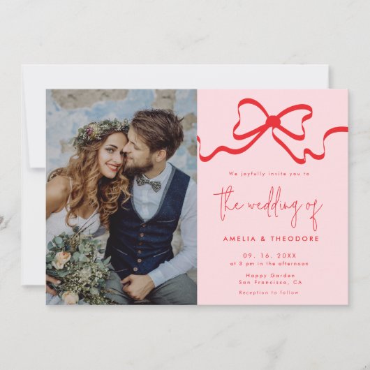 Coquette Roze Rode strik Foto bruiloft Kaart (Voorkant)