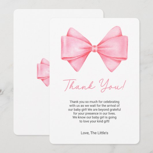 Coquette Roze strik Baby shower Dank u kaart (Voorkant / Achterkant)