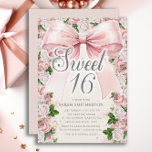 Coquette Roze strik Bloemen  Sweet 16 Kaart<br><div class="desc">Elegante  roze coquette boog met blush roze waterverf bloemen (rozen) en geverfd groene waterverf bladeren op roze Sweet 16 verjaardagsfeestje uitnodiging. Neem contact met mij op voor hulp bij uw aanpassingen om aanvullende matching- of coördinerende Zazzle-producten voor uw evenement aan te vragen.</div>