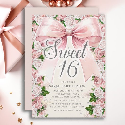 Coquette Roze strik Bloemen  Sweet 16 Kaart