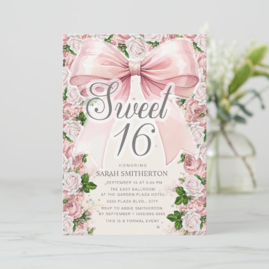Coquette Roze strik Bloemen  Sweet 16 Kaart (Staand voorkant)