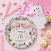 Coquette Roze strik Bloemen  Sweet 16 Papieren Bordje (Feest)