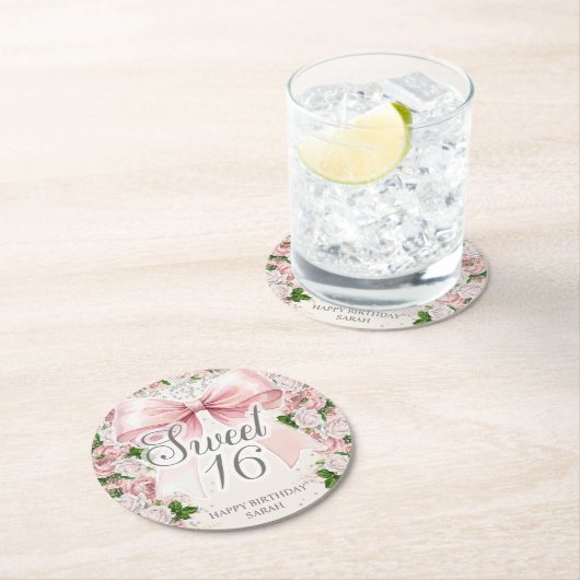 Coquette Roze strik Bloemen  Sweet 16 Ronde Kartonnen Onderzetter (Insitu)