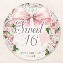 Coquette Roze strik Bloemen  Sweet 16 Ronde Kartonnen Onderzetter
