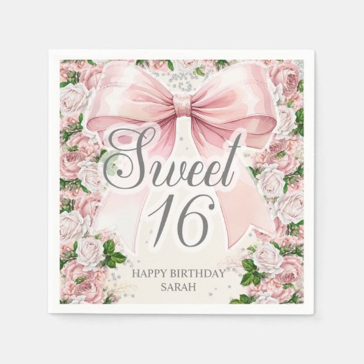 Coquette Roze strik Bloemen  Sweet 16 Servet (Voorkant)