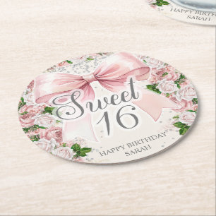 Coquette Roze Strik Bloemige Vintage Sweet 16 Ronde Kartonnen Onderzetter