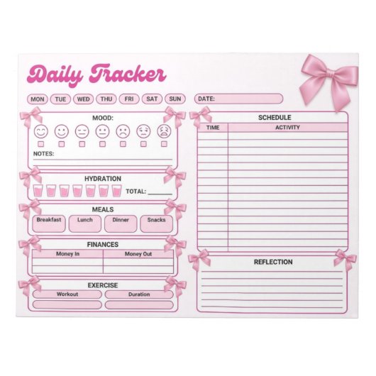 Coquette Roze Strik Dagelijkse Tracker Notitieblok (Voorkant)