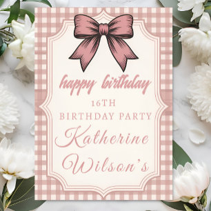 Coquette Roze Strik en Gingham Sweet 16 Kaart
