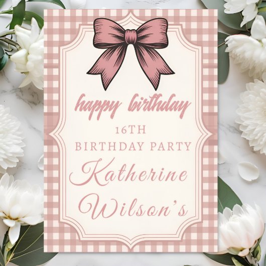 Coquette Roze Strik en Gingham Sweet 16 Kaart