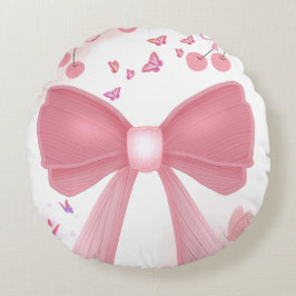 Coquette Roze Strik en Kersen Esthetische Collage Rond Kussen