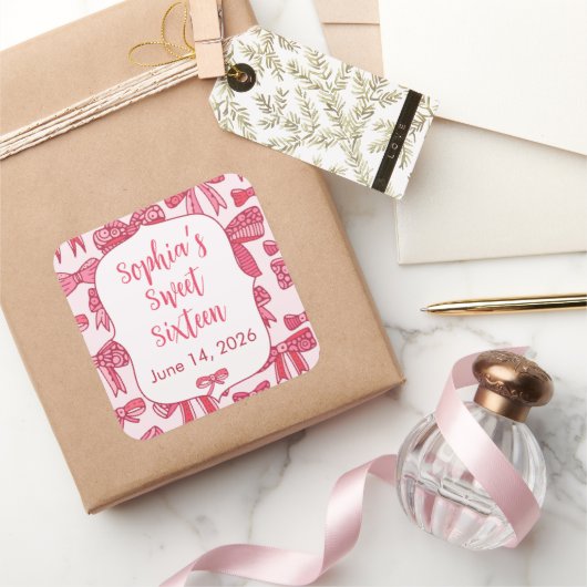 Coquette Roze Strik Feest Vierkante Stickers (Geschenken)
