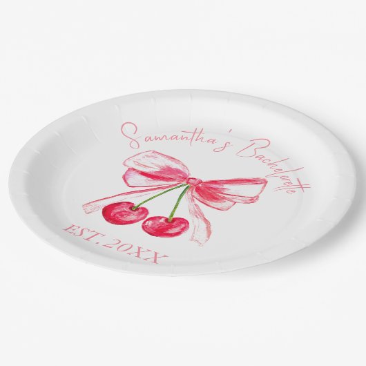 Coquette Roze Strik Kers Bachelorette Feestje Papieren Bordje (Gekanteld)