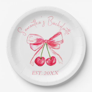 Coquette Roze Strik Kers Bachelorette Feestje Papieren Bordje