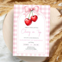 Coquette roze strik kers verjaardagsuitnodiging
