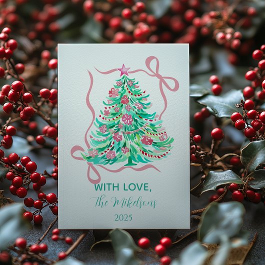 Coquette Roze Strik Kerstmis Feestdagenkaart