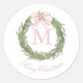 Coquette Roze Strik Monogram Krans Kerstmis Ronde Sticker (Voorkant)
