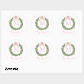 Coquette Roze Strik Monogram Krans Kerstmis Ronde Sticker (Vel)