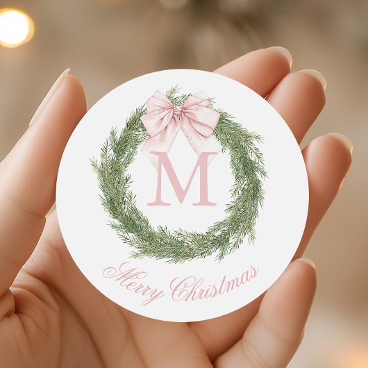 Coquette Roze Strik Monogram Krans Kerstmis Ronde Sticker
