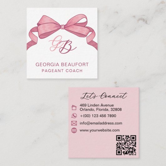 Coquette Roze Strik Monogram Schoonheid QR Code Vierkante Visitekaartje (Voorkant / Achterkant)