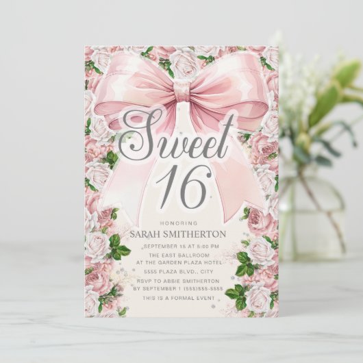 Coquette Roze Strik Ouderwetse Bloemen Sweet 16 Kaart (Staand voorkant)