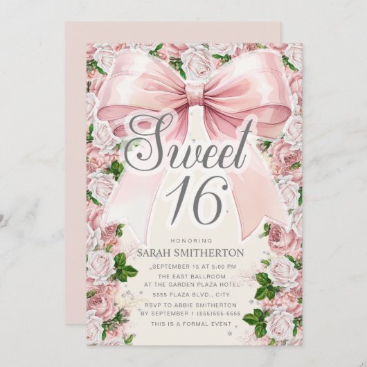 Coquette Roze Strik Ouderwetse Bloemen Sweet 16 Kaart (Voorkant / Achterkant)