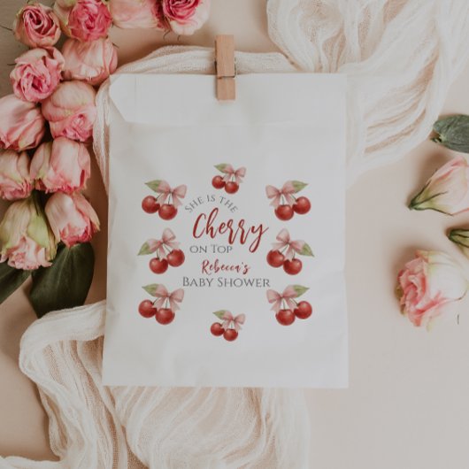 Coquette Roze strik Rode kers op Top Baby shower Bedankzakje
