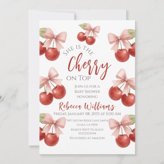 Coquette Roze strik Rode kers op Top Baby shower Kaart (Voorkant)