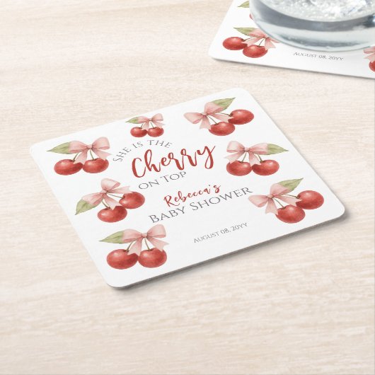 Coquette Roze strik Rode kers op Top Baby shower Kartonnen Onderzetters (Schuin)