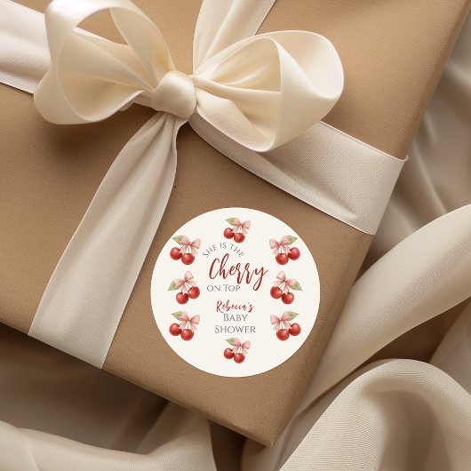 Coquette Roze strik Rode kers op Top Baby shower Ronde Sticker