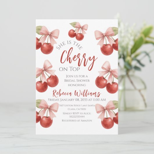 Coquette Roze strik Rode kers op Top Vrijgezellenf Kaart (Staand voorkant)