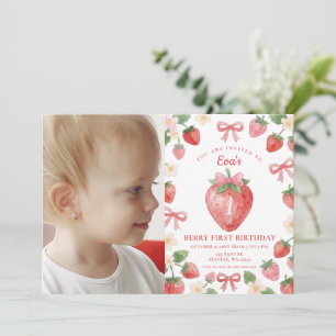 Coquette Roze Strikende Aardbei Eerste Verjaardag Kaart
