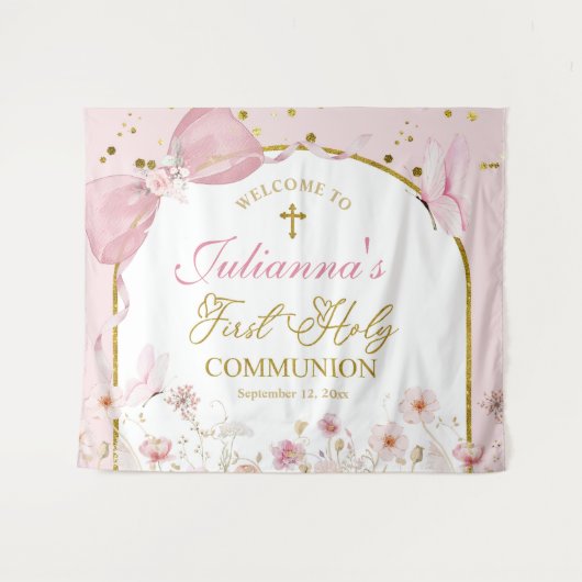 Coquette Roze Vlinder Eerste Heilige Communie Wandkleed (Voorkant (horizontaal))