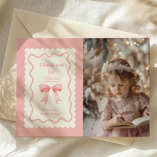 Coquette Roze Waterverf Boog 1e Verjaardag Bedankkaart