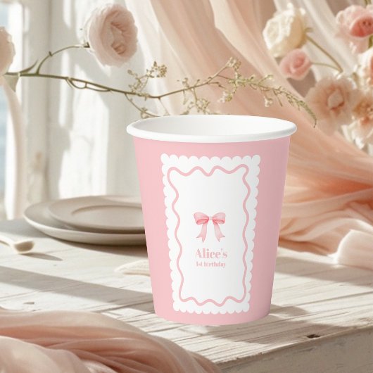 Coquette Roze Waterverf Boog 1e Verjaardag Papieren Bekers