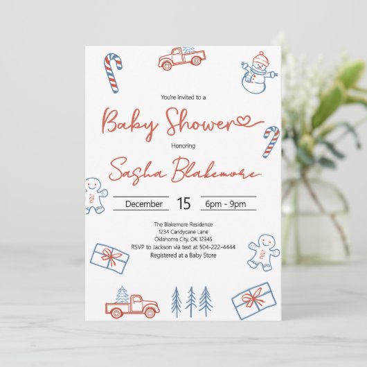 Coquette Rustiek Rood & Blauw Kerst Baby shower Kaart (Staand voorkant)