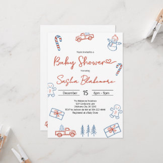 Coquette Rustiek Rood & Blauw Kerst Baby shower Kaart