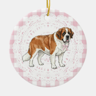 Coquette Saint Bernard Dog Pink Gingham Bows Keramisch Ornament