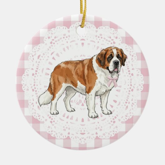 Coquette Saint Bernard Dog Pink Gingham Bows Keramisch Ornament (Voorkant)
