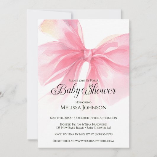 Coquette Script Roze Strik Meisje Baby Borrel Kaart (Voorkant)