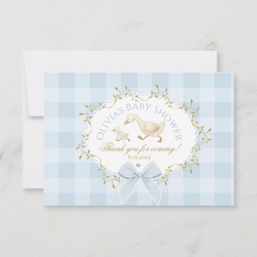 Coquette Silly Goose Blue Gingham Baby Shower Bedankkaart (Voorkant)