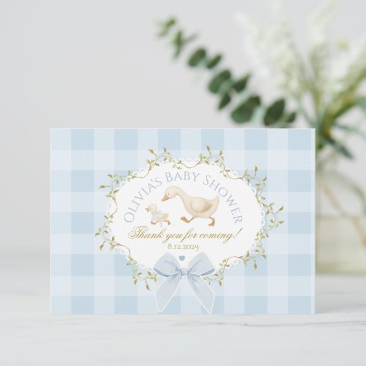 Coquette Silly Goose Blue Gingham Baby Shower Bedankkaart (Staand voorkant)