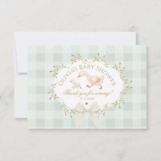 Coquette Silly Goose Sage Gingham Baby Shower Bedankkaart (Voorkant)