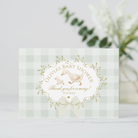 Coquette Silly Goose Sage Gingham Baby Shower Bedankkaart (Staand voorkant)